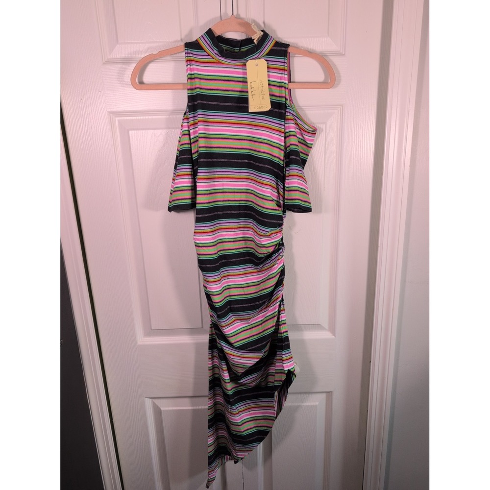 Artelier Nicole Miller Sz M Striped Mock Neck Cold Shoulder Asymmetrical Dress